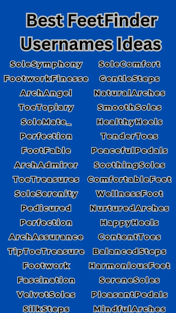 Comprehensive image displaying various creative FeetFinder username ideas organized by categories including best, unique, cute, funny, and aesthetic options for content creators